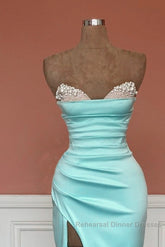 Mermaid Beaded Strapless Blue Satin Split Dress